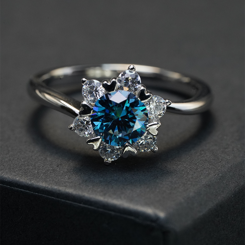 Blue Round cut moissanite ring