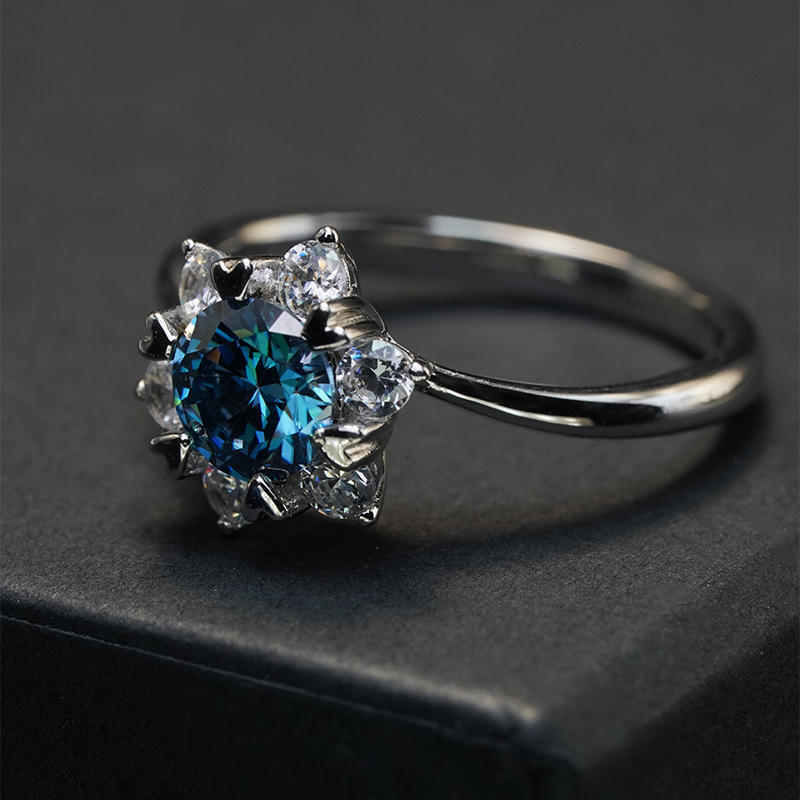 Blue Round cut moissanite ring