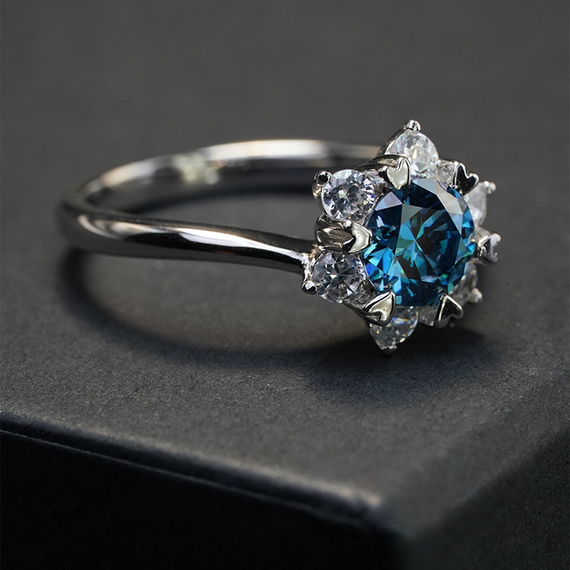 Blue Round cut moissanite ring