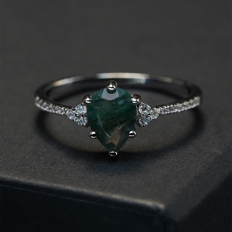 Pear Shaped Cut Moss Agate Ring