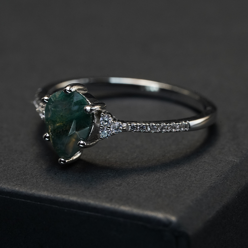 Pear Shaped Cut Moss Agate Ring